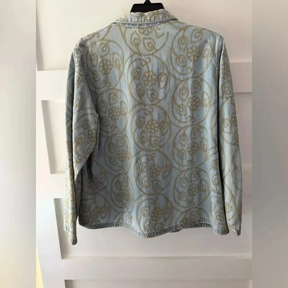 Coldwater Creek Blue and Gold Embroidered Shirt